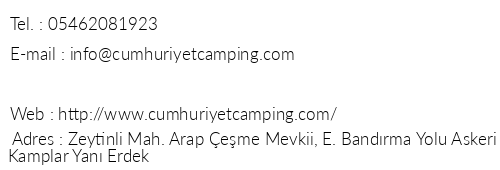 Cumhuriyet Camping telefon numaralar, faks, e-mail, posta adresi ve iletiim bilgileri